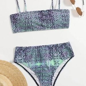 Purple bandeau spaghetti strap knot wireless bra high waist bikini Sz M